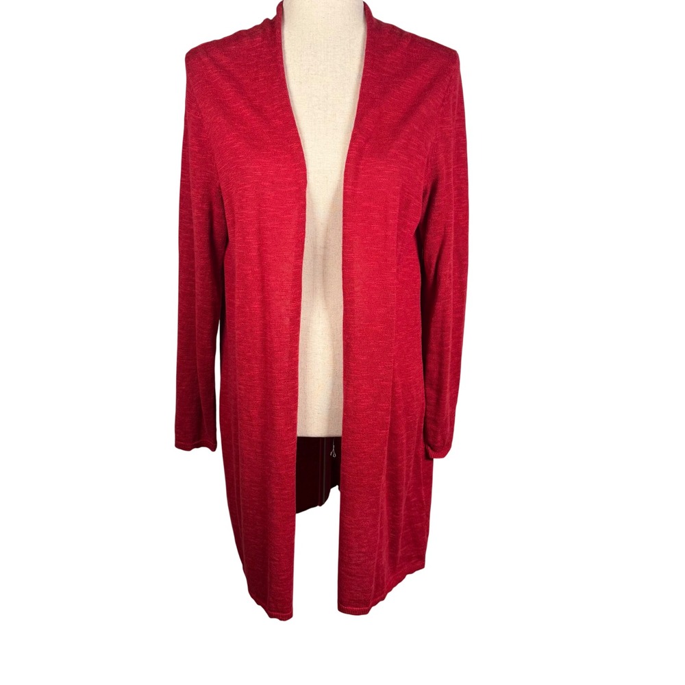 Eileen Fisher Cardigan Sweater Womens Medium Red Organic Linen Cotton Longline